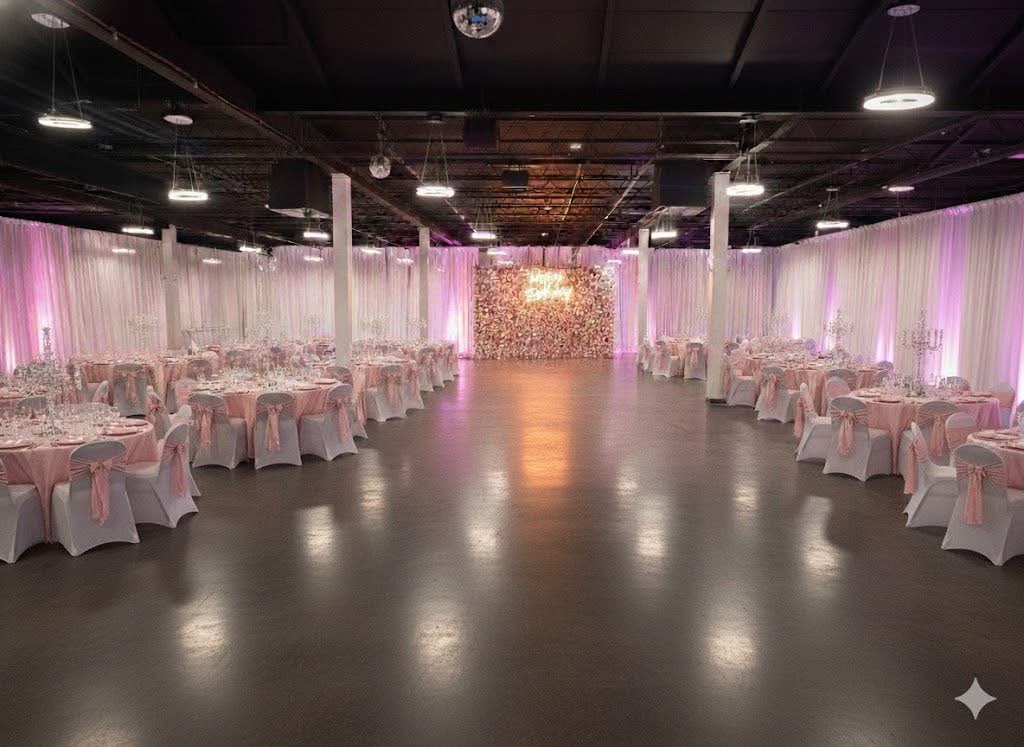 Crystal Venue dressed in blush pink with floral wall and chandeliers
